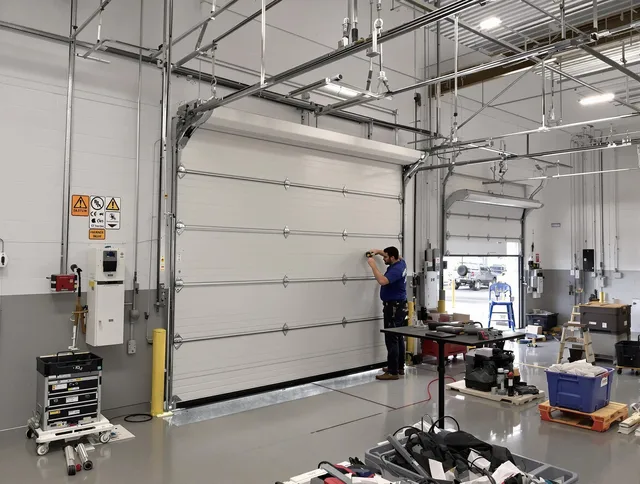 Commercial garage door repair being performed by East Windsor Garage Door Repair expert in East Windsor