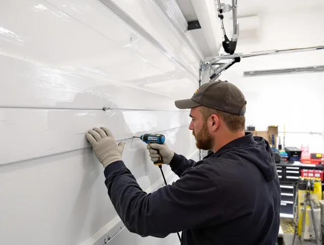 East Windsor Garage Door Repair technician demonstrating precision dent removal techniques on a East Windsor garage door