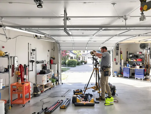East Windsor Garage Door Repair specialist performing laser-guided track alignment in East Windsor